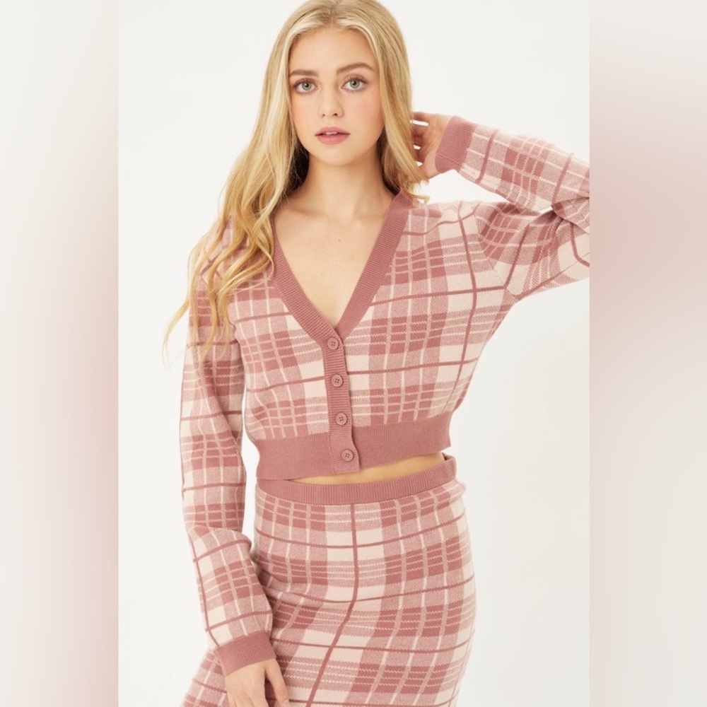 Solid Plaid Snug Waist Casual Cropped Cardigan - Picture 1 of 4